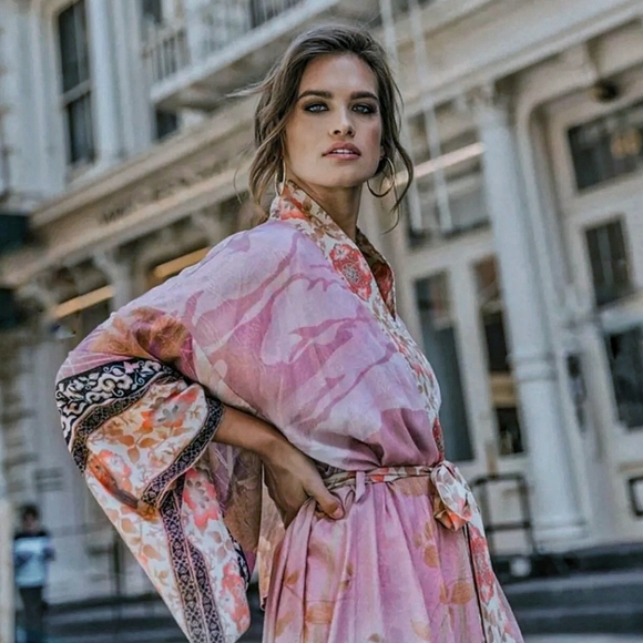 NEW Retro Floral Kimono Duster Gypsy Cardigan Dusty Pink Black